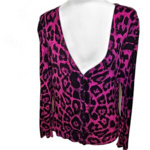 INC International Concepts Animal Print Pink Black Open Front Sweater Womens
